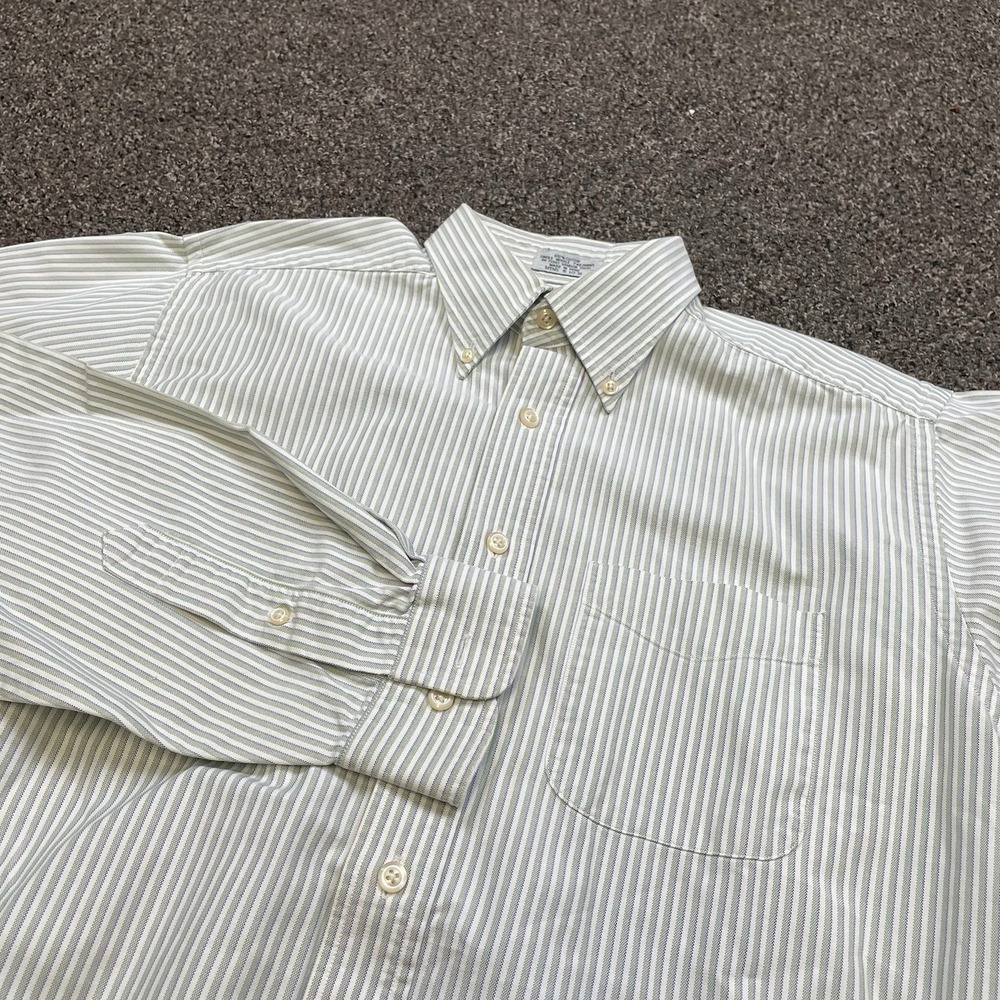 L.L. Bean Mens 15 1/2 Green White Blue Pinstripe Long Sleeve Button Down Shirt